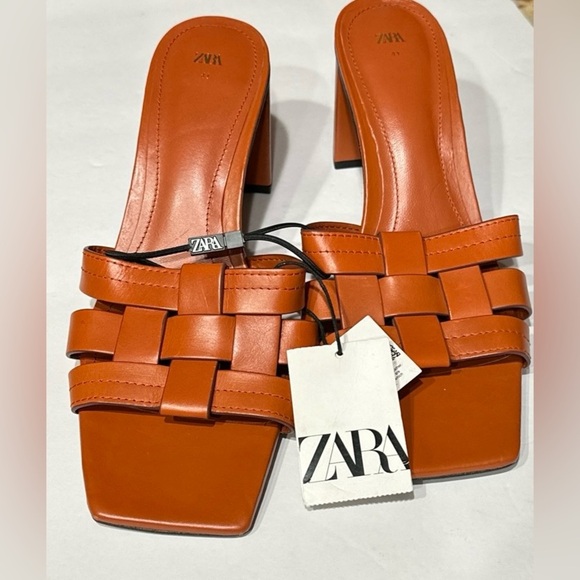ZARA Women's Square Toe Heeled Slip Sandals in Brown US Size 10 Run Small, New - Picture 10 of 10